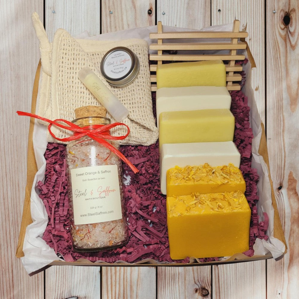 11 Piece Natural Soap & Bath Soak Gift Baskets - Steel & Saffron